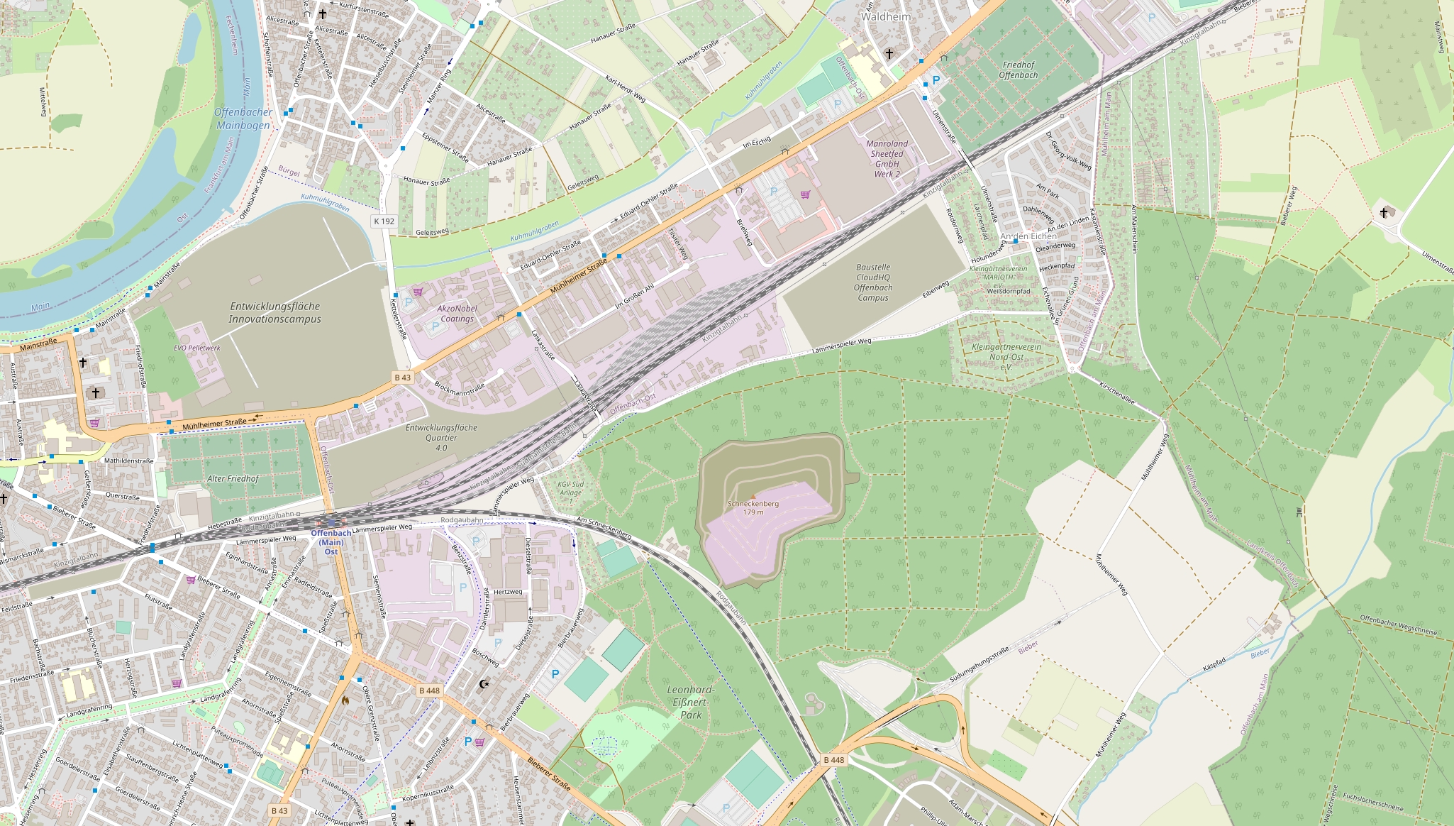 Karte der Entwicklungsgebiete um den alten Güterbahnhof im Osten Offenbachs