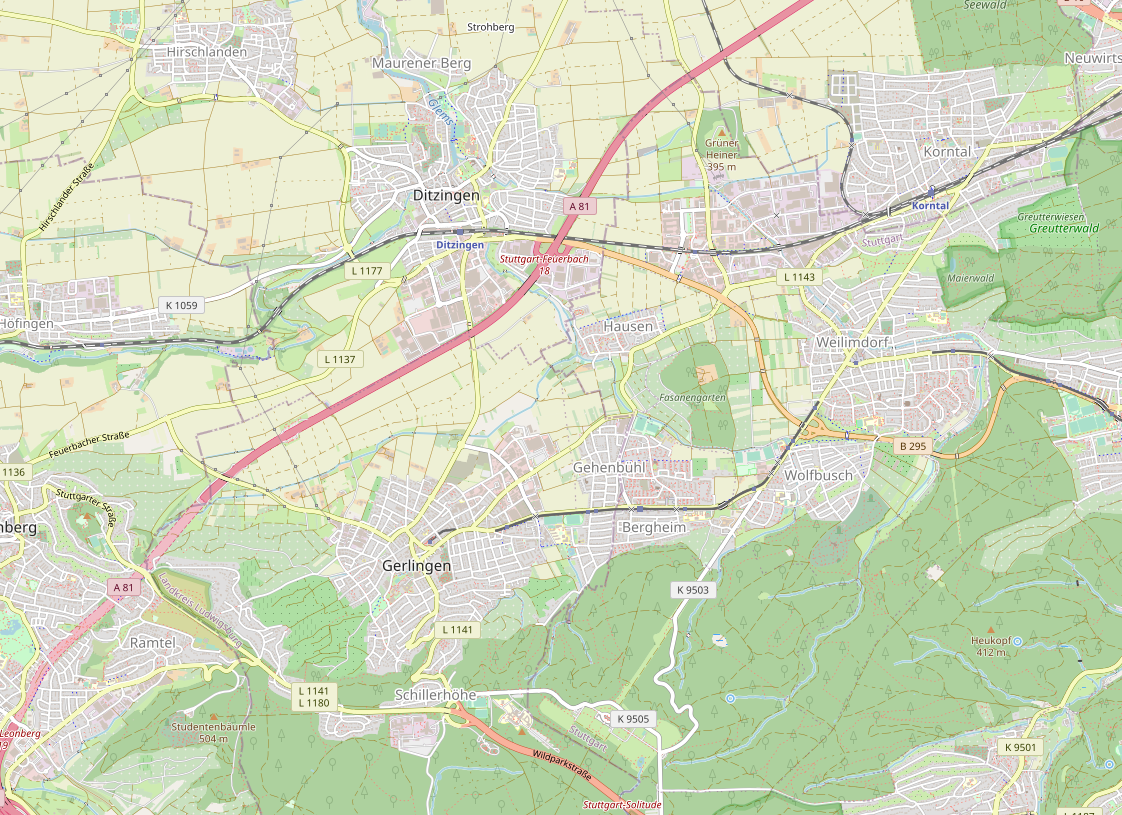 Karte mit Ditzingen und Weilimdorf im Norden Stuttgarts
